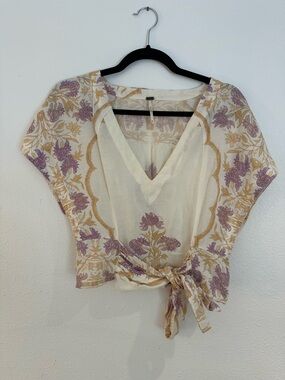 Free People Arielle Cream Floral Tie-Front Blouse Linen Blend - Size M Boho Chic